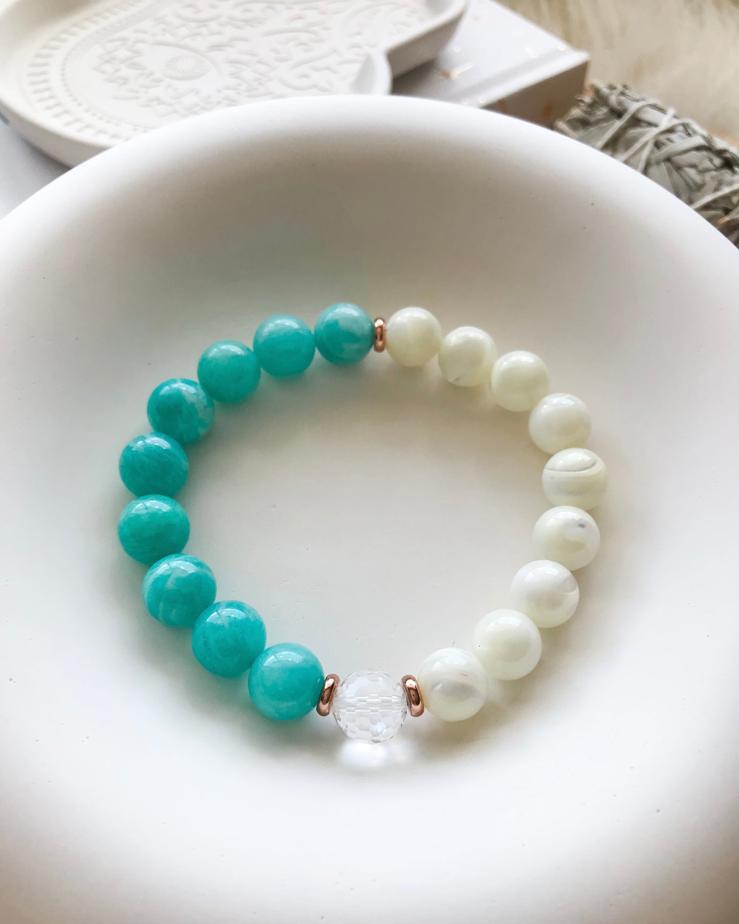 GYPSEA | Amazonite, Clear Quartz + Mother of Pearl Mala Bracelets