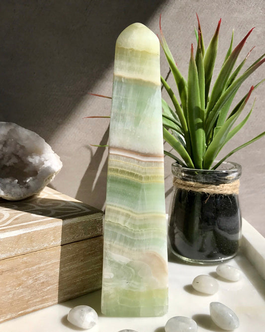 The Zen Zone Co Banded Pistachio Calcite Crystal Tower