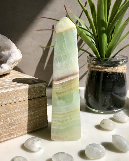 The Zen Zone Co Banded Pistachio Calcite Crystal Tower